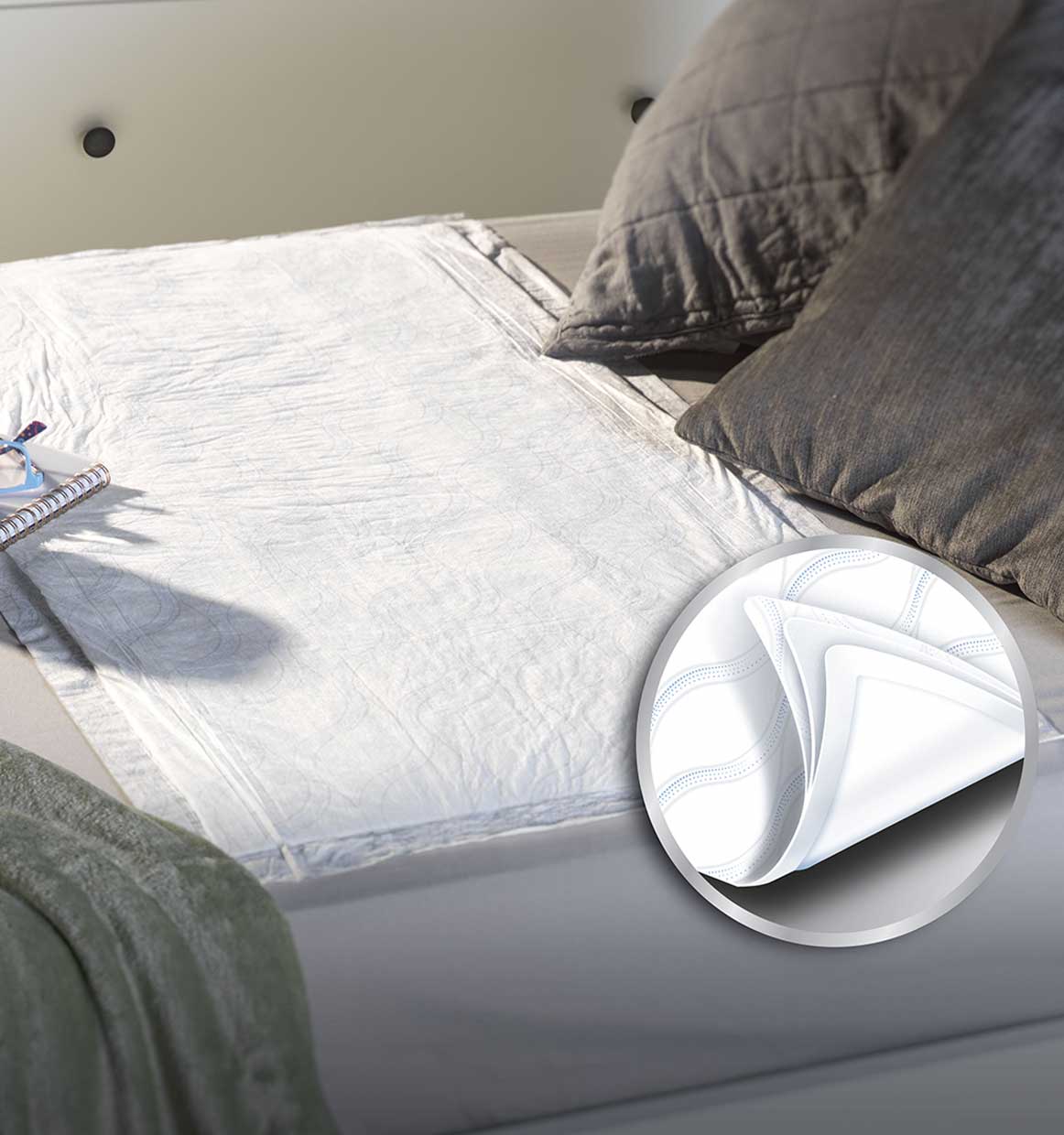 Depend® Incontinence Night Defense® Underpads Feature: Luxuriously soft fabric top layer for complete comfort & a restful night's sleep