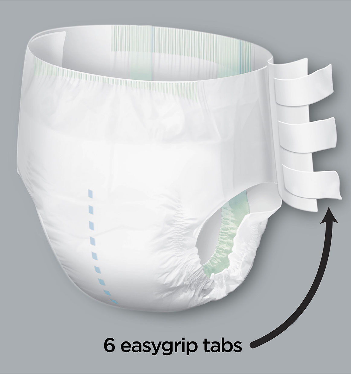 Depend® Incontinence Protection with Tabs Feature: 6 EasyGrip™ Tabs for a custom fit and easy changing, at home or on the go